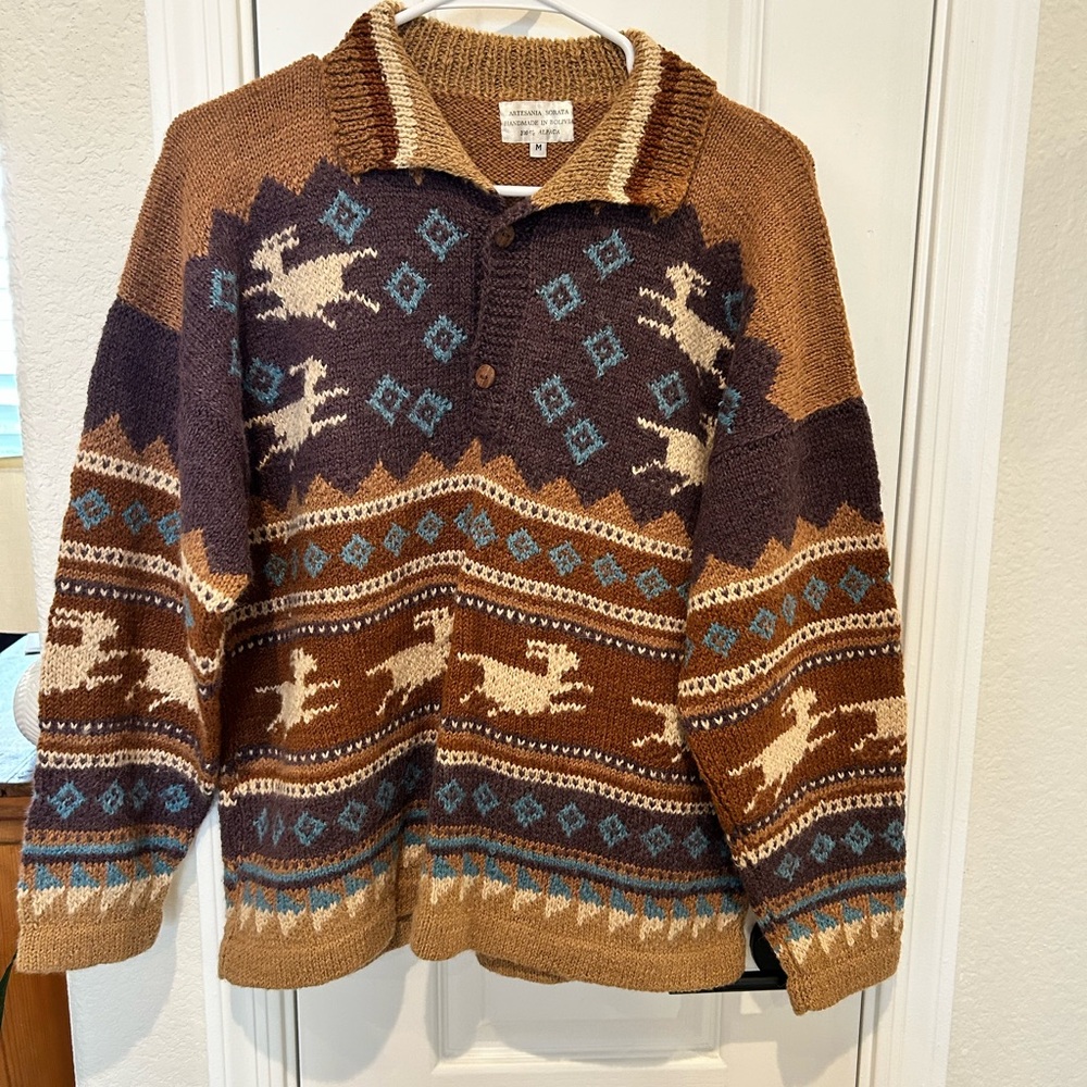 Vintage-Inspired Brown and Blue Men's Cardigan